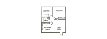700 sq. ft. 2 bedroom, 1 bath apartment floor plan at Carriage Place Apartments in Huntington, IN.