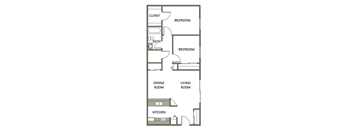 864 sq. ft. 2 bedroom, 1 bath apartment floor plan at Carriage Place Apartments in Huntington, IN.