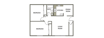 900 sq. ft. 2 bedroom, 1 bath apartment layout at Carriage Place Apartments in Huntington, Indiana.