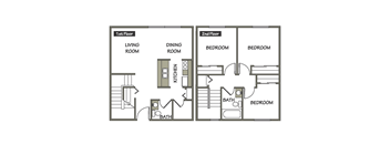 1130 sq. ft. two-level 3 bedroom, 2 bath apartment floor plan at Carriage Place Apartments in Huntington, IN.
