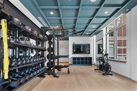 A gym with a row of dumbbells on the left and a row of exercise bikes on the right.