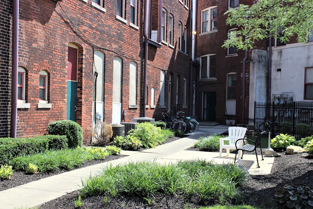 Garden view with sitting area at The Argyle on Mass Ave, Indiana, 46202