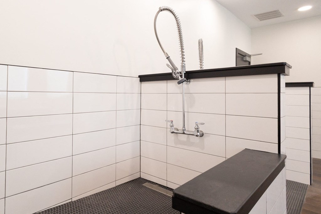 a wet room with a shower and a bench