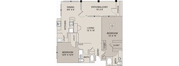 a floor plan of a two bedroom apartment with a kitchen and a living room with a dining