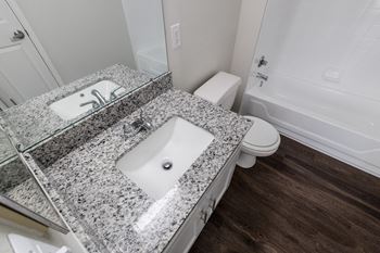 Renovated Bathrooms With Quartz Counters at The Residence at White River Apartments, Indiana, 46228