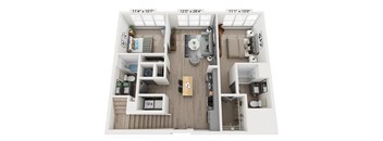 A 3D floor plan of a small apartment with a kitchen, living room, and bedroom.