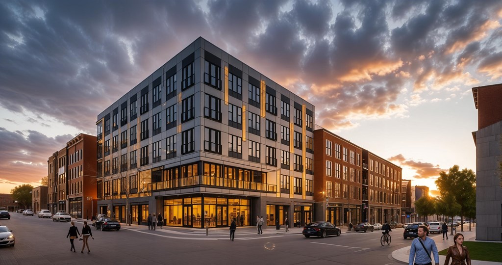A modern building with a glass facade is surrounded by a cloudy sky. Stunning evening view of Contrast OTR in Cincinnati, Ohio, featuring a sleek, contemporary apartment building with floor-to-ceiling windows and private balconies, surrounded by a vibrant urban streetscape