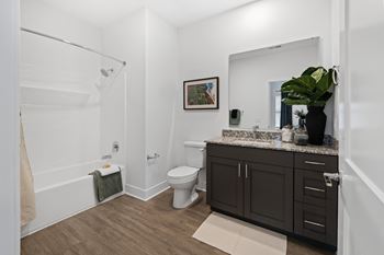 A bathroom with a toilet, a sink, and a shower.