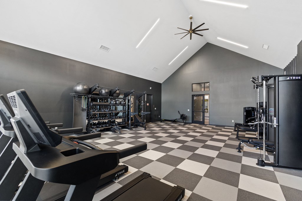 Spacious fitness center at Nook Nine with cardio machines, weight training, and modern design.