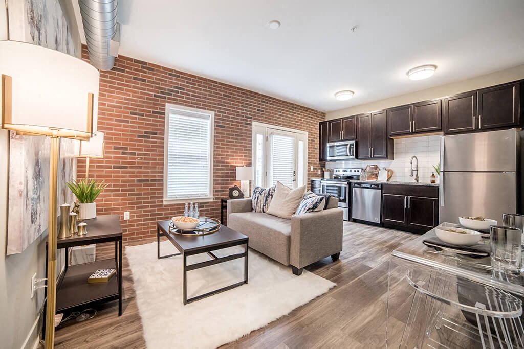 Living Area With Kitchen at The Foundry, South Bend, IN