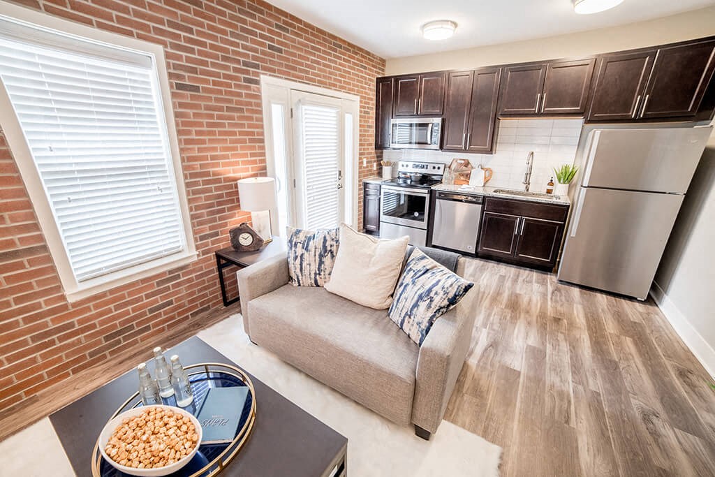 Living Room With Kitchen at The Foundry, South Bend Indiana
