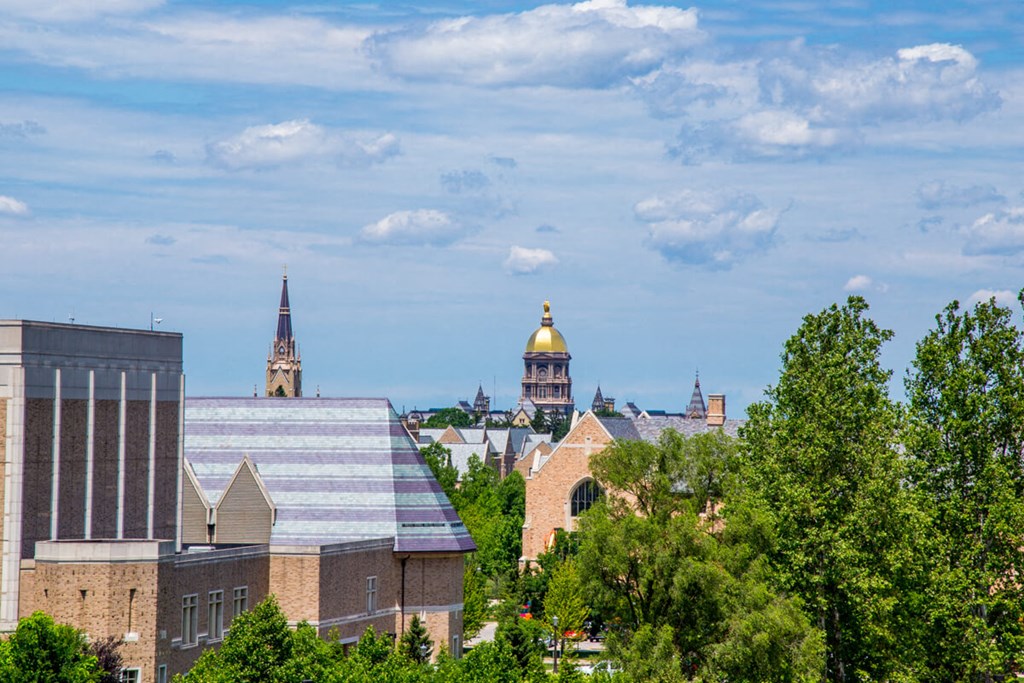 a view of the city from above the trees at The Foundry, South Bend
