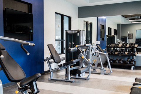 a gym with weights and cardio machines and a blue wall at The Century at Purdue Research Park-Student, West Lafayette, 47906