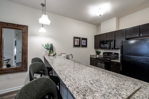 view of kitchen with granite counter top and black appliances at the preserve at greatstone