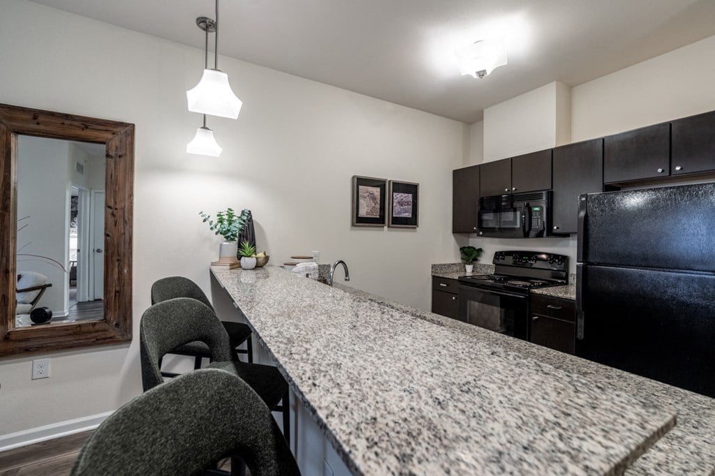 view of kitchen with granite counter top and black appliances at the preserve at greatstone view of kitchen with granite counter top and black appliances at the preserve at greatstone at 310 at Nulu Apartments-Student, Louisville Kentucky