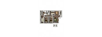 a stylized floor plan with a bedroom and a kitchen at Elea Apartments in Marietta, GA