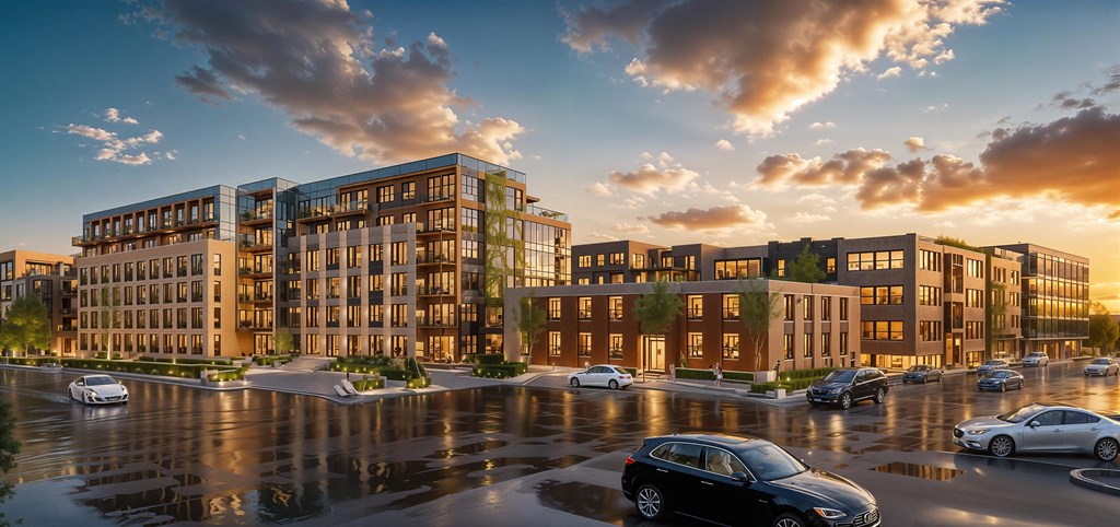 Breathtaking evening view of Contrast OTR’s modern apartment buildings in Cincinnati, Ohio, with warm interior lighting, private balconies, and lush tree-lined sidewalks