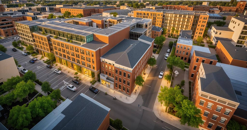 Bird’s-eye view of Contrast OTR in Cincinnati, Ohio, highlighting modern apartment buildings, lush greenery, and a dynamic urban layout in the heart of Over-the-Rhine