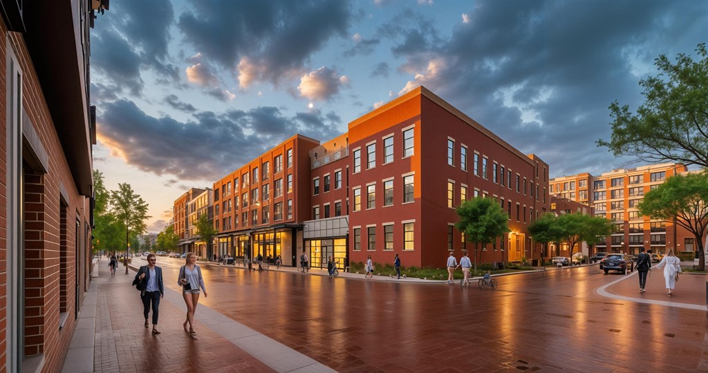 Vibrant pedestrian-friendly streetscape at Contrast OTR in Cincinnati, Ohio, showcasing brick facades, tree-lined walkways, and boutique retail spaces in the Over-the-Rhine neighborhood.