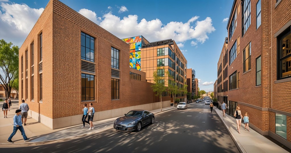 Scenic urban street near Contrast OTR in Cincinnati, Ohio, featuring brick architecture, modern apartment buildings, and a colorful mural that enhances the neighborhood’s artistic character.