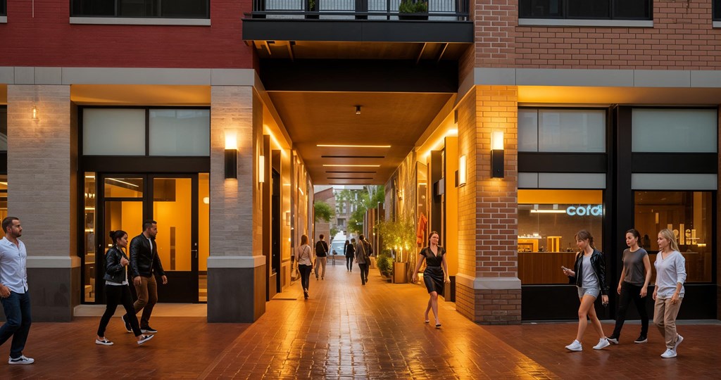 Well-lit, inviting passageway at Contrast OTR in Cincinnati, Ohio, featuring modern lighting, retail storefronts, and stylish pedestrians enjoying the urban atmosphere