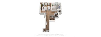 A 3D floor plan of a house with a kitchen, living room, dining room, and two bedrooms.