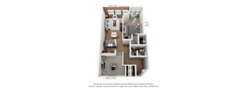 A 3D floor plan of a small apartment with a kitchen, living room, and bathroom.