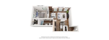 A 3D floor plan of a small apartment with a kitchen, living room, and bedroom.