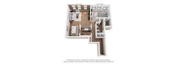 A 3D floor plan of a house with a living room, kitchen, and two bedrooms.