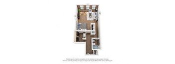 A floor plan of a small apartment with a kitchen, living room, and bathroom.