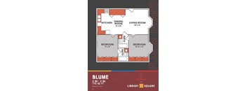 A floor plan for a home with a living room, dining room, kitchen, and two bedrooms.