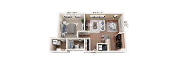 A floor plan of a small apartment with a kitchen, living room, and bathroom.