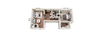 A floor plan of a small apartment with a kitchen, living room, and bedroom.