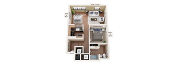 A floor plan of a small apartment with a kitchen, living room, and two bedrooms.