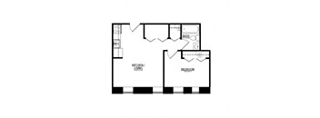 A floor plan of a room with a kitchen, living room, and bathroom.