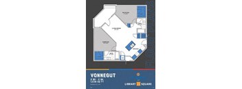 A blue and white floor plan for a Vonnegut apartment.