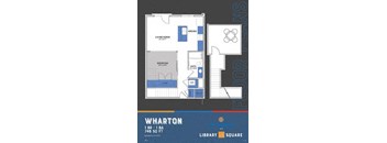 A floor plan for a Wharton apartment shows a living room, a kitchen, a bedroom, a bath, and a closet.