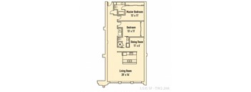 A floor plan of a one bedroom apartment with a living room, two bedrooms and a dining room.