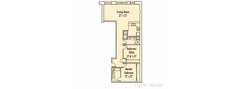 A floor plan of a one bedroom apartment with a living room, bedroom/office and a master bedroom.