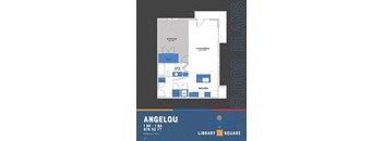 A blue and white floor plan for a one bedroom apartment.
