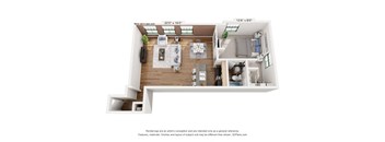 A 3D floor plan of a house with a living room, dining room, kitchen, and two bedrooms.