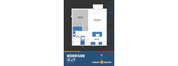 A blue and white floor plan for a 1 bedroom apartment.