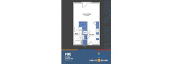 A blue and white floor plan for a studio apartment at the library square.
