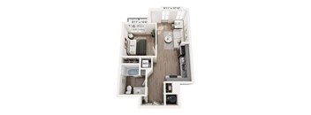 A floor plan of a small apartment with a kitchen, living room, and bathroom.