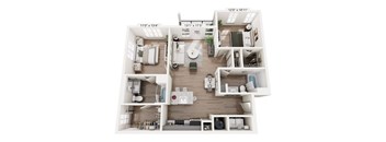 A floor plan of a two-bedroom apartment with a living room, kitchen, and bathroom.