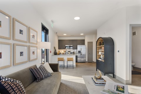 A modern living room with a grey couch and a kitchen in the background.