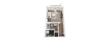 A dollhouse room with a bed, a desk, and a wardrobe.