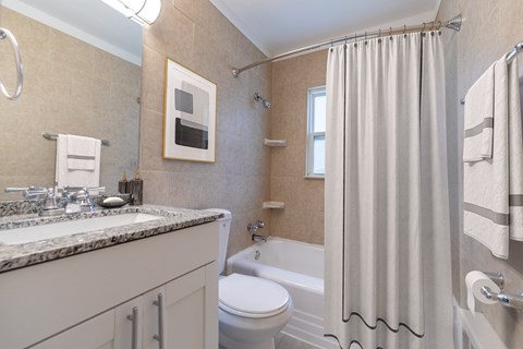 a bathroom with a white toilet next to a white bathtub