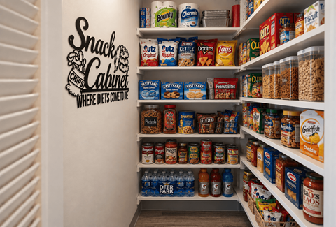 A Snack Cabinet with a variety of snacks and drinks.