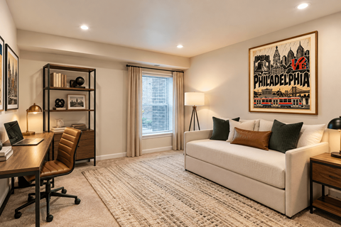 A well-lit room with a sofa, desk, and a Philadelphia-themed artwork on the wall.